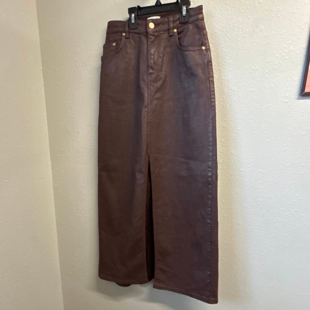 PILCRO brown coated denim Anthropologie maxi skirt size 2 front slit